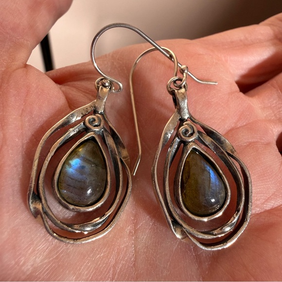 Estate Jewelry - Vintage Sterling silver Israel labradorite brutalist modernist designer earrings